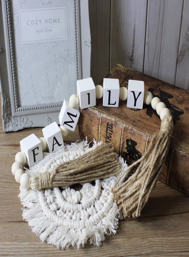 VKSG Farmhouse Home Decor Family Letter Block Wood Bead with Tassels, Family Decoration Gifts Boho Wooden Beads for Living Room Tabletop Tiered Tray Mantel Shelf, 24'' - Image 2